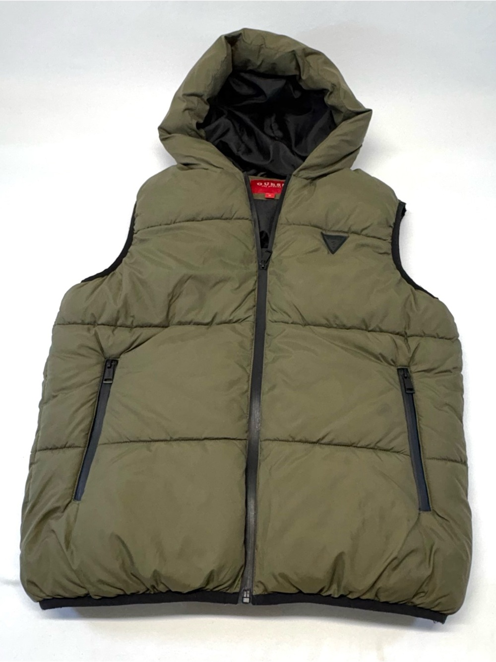 GUESS Men's Hooded Puffer Vest - Olive Green - Size M (Excellent Used Condition)